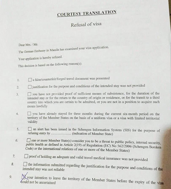 Lettre avec motifs de refus de visa